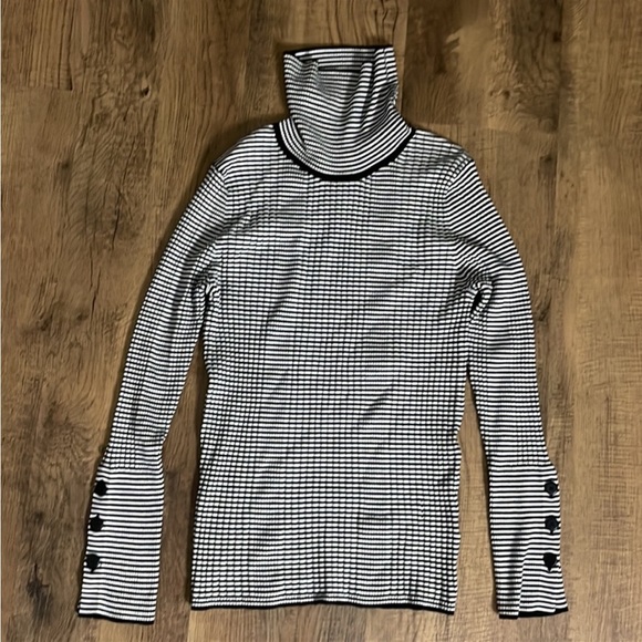 Anthropologie black & white stripe turtleneck button sleeve long sleeve top med - Picture 1 of 3